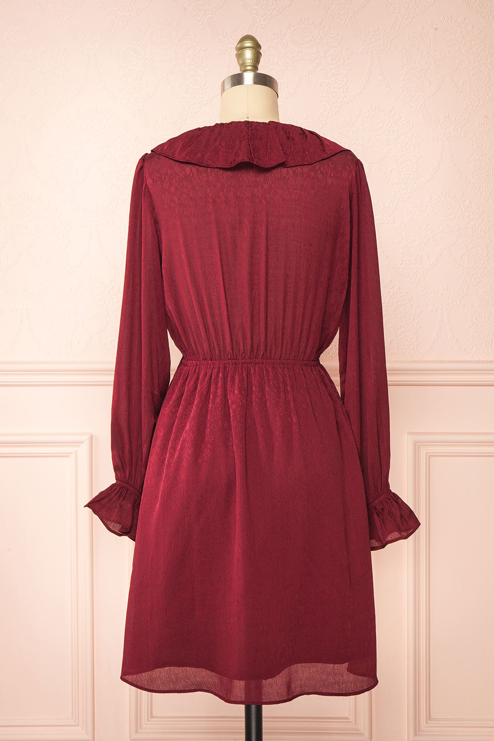 Dana Burgundy Short Dress w/ Ruffled Neckline | Boutique 1861 back vie