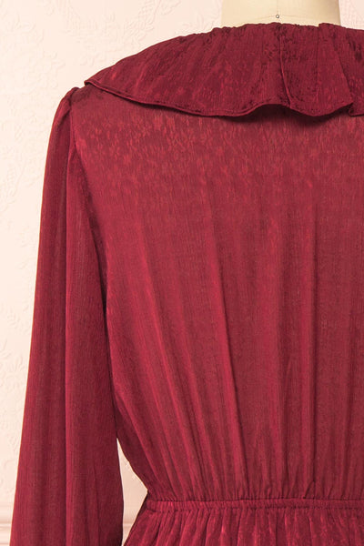 Dana Burgundy Short Dress w/ Ruffled Neckline | Boutique 1861 back close-up