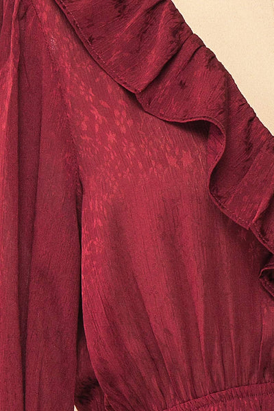 Dana Burgundy Short Dress w/ Ruffled Neckline | Boutique 1861 fabric