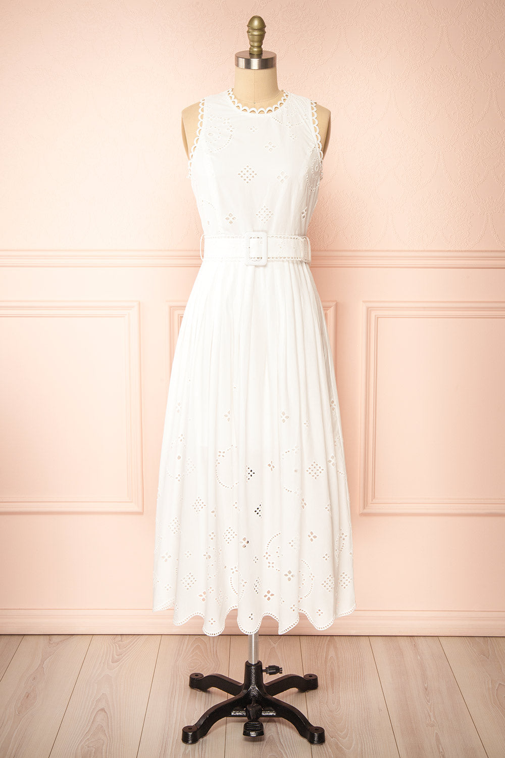 Danilynn Midi White Openwork Dress w/ Belt | Boutique 1861 front view