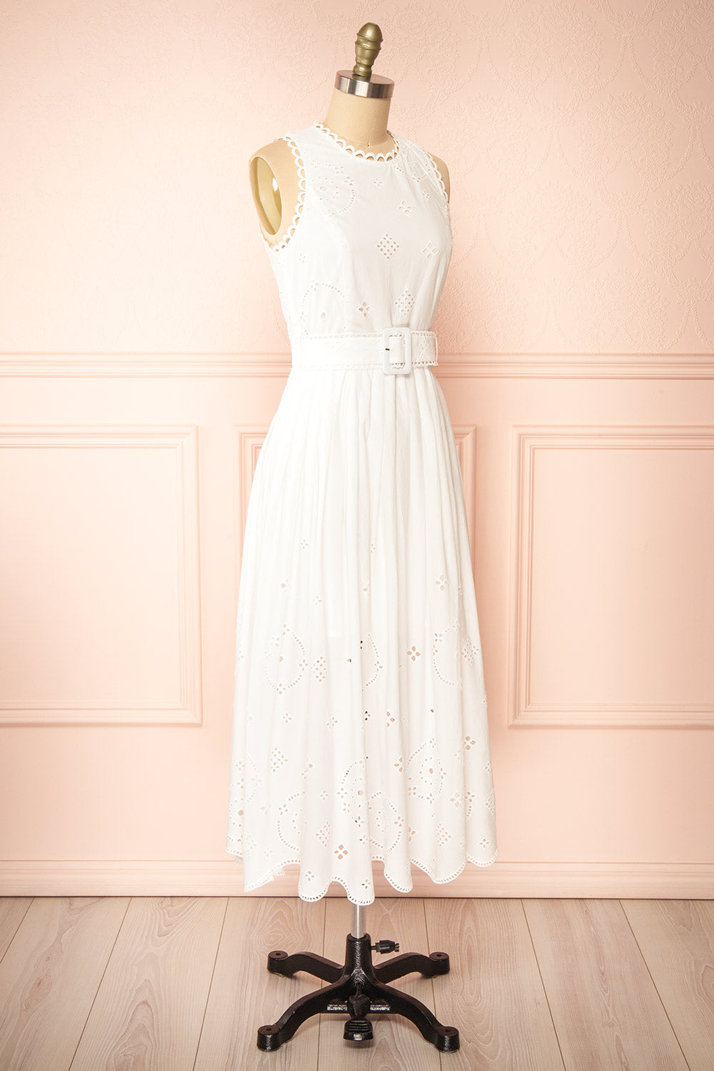 Danilynn Midi White Openwork Dress w/ Belt | Boutique 1861 side view