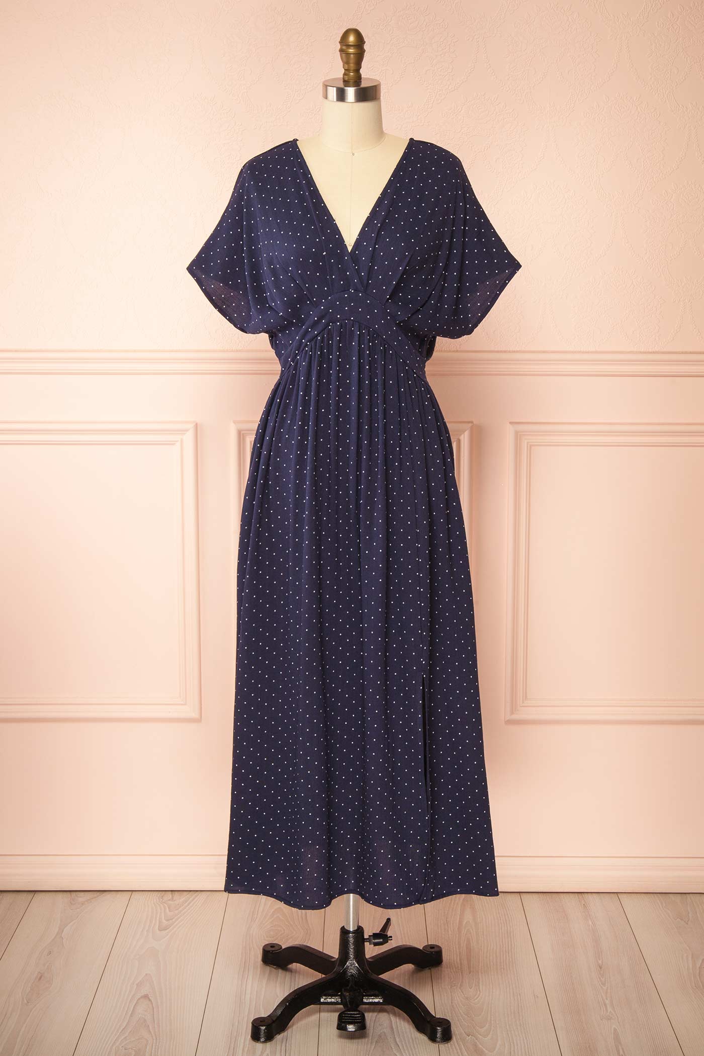 Frontview Daoren  Polka Dots Navy Midi Dress with Slit at boutique 1861