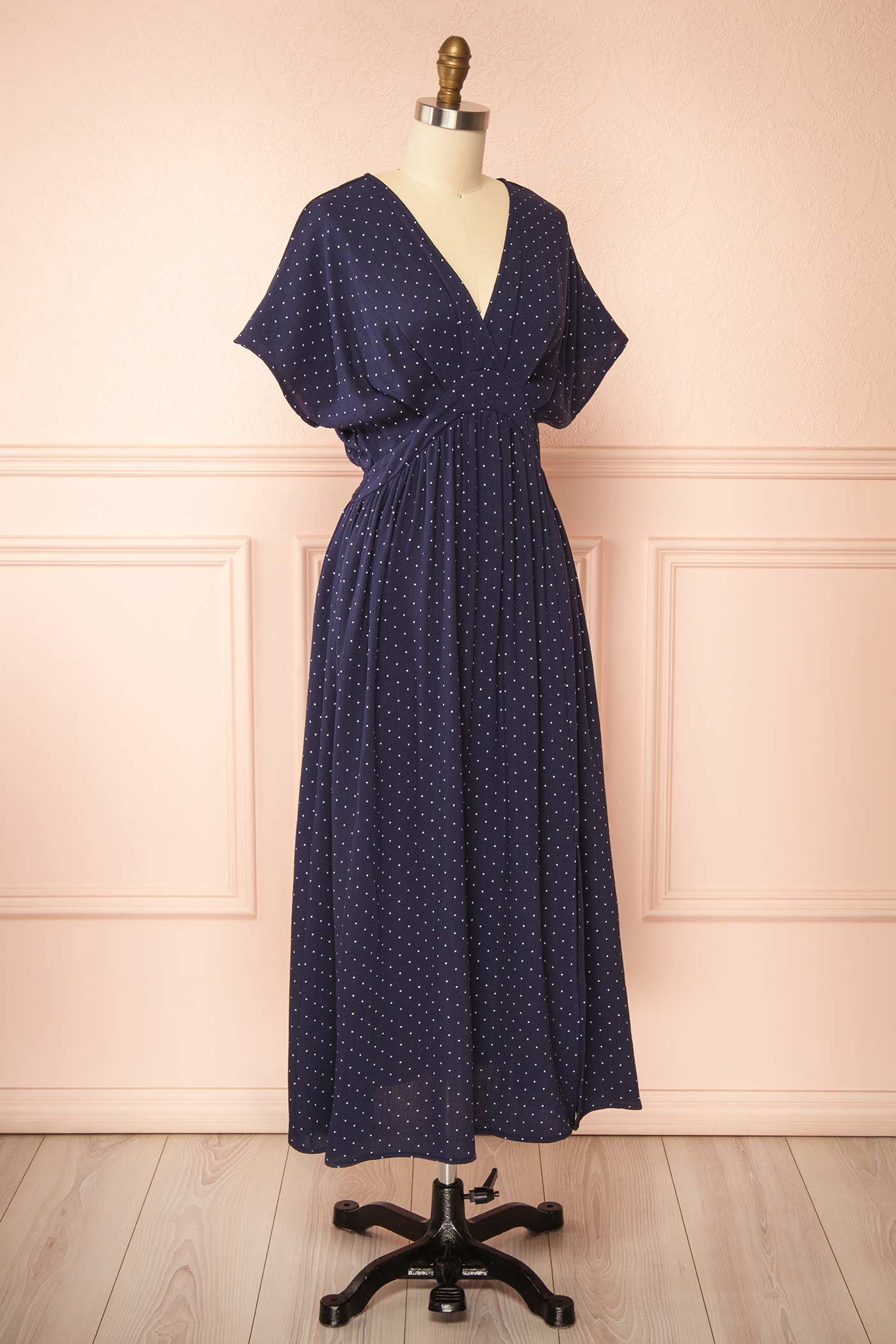 Sideview Daoren  Polka Dots Navy Midi Dress with Slit at boutique 1861