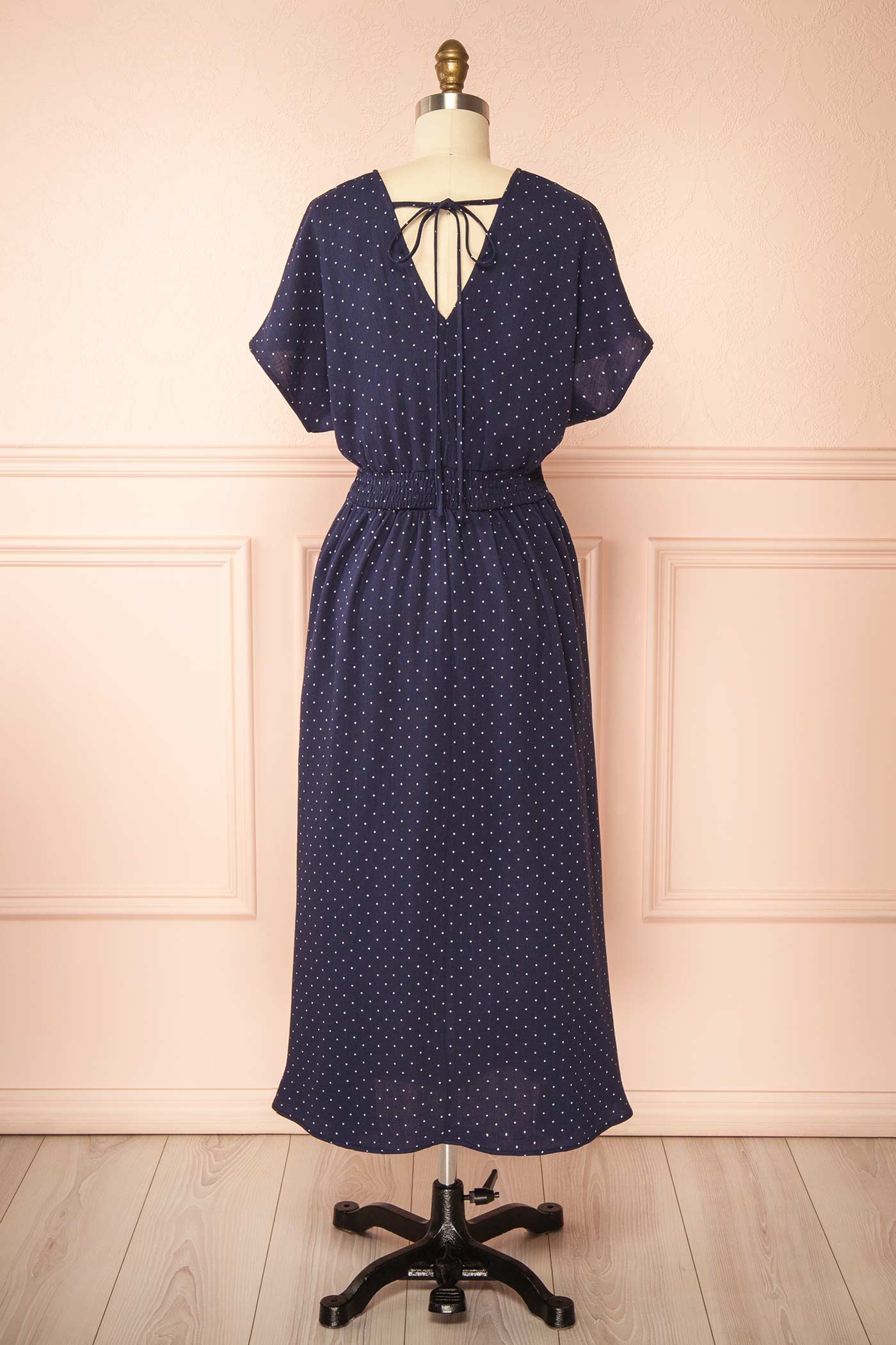 Backview Daoren Polka Dots Navy Midi Dress with Slit at boutique 1861