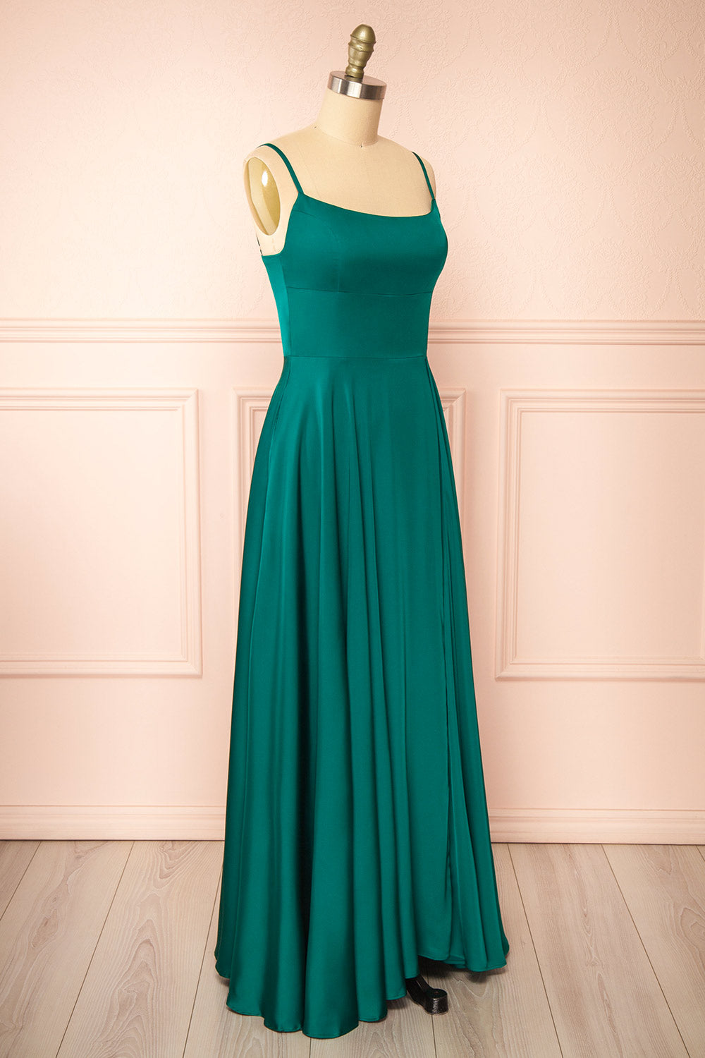 Darcy Green Maxi Satin Dress w/ Slit | Boutique 1861 side view