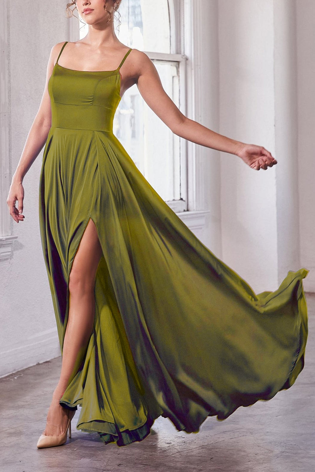 woman wearing Darcy Khaki Maxi Satin Dress with Slit from Boutique 1861