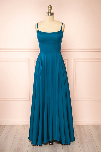 Darcy Royal Blue Maxi Satin Dress w/ Slit | Boutique 1861 front view