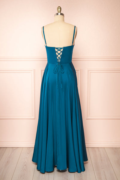 Darcy Royal Blue Maxi Satin Dress w/ Slit | Boutique 1861 back view