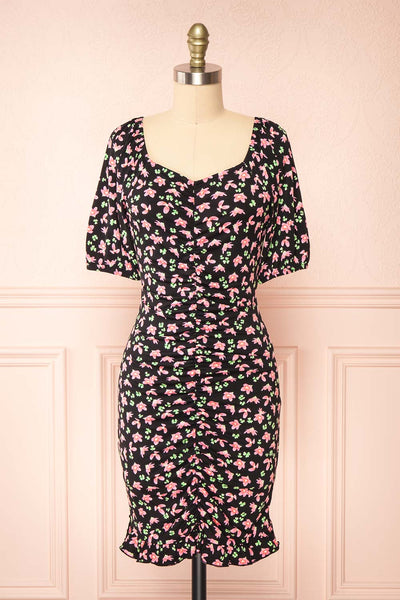 Darva Black Floral Ruched Short Dress | Boutique 1861 front view