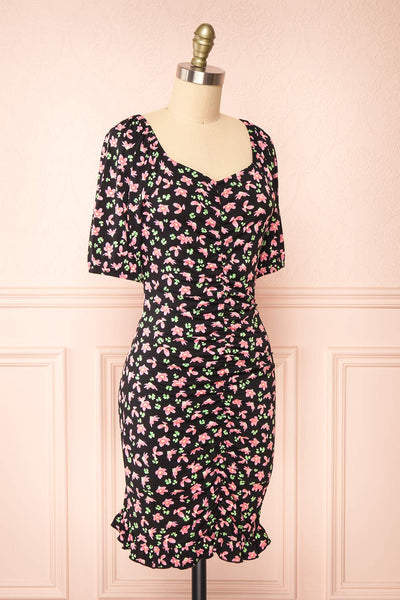 Darva Black Floral Ruched Short Dress | Boutique 1861 side view