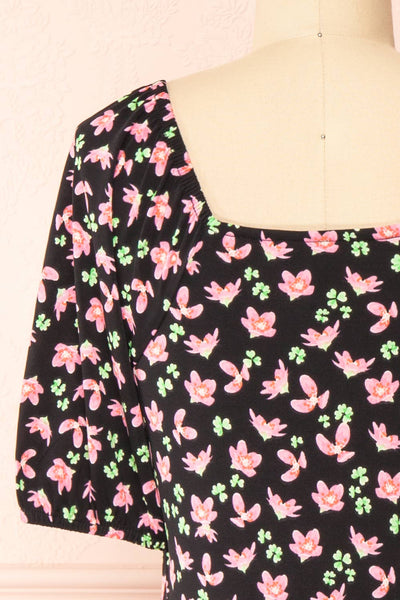 Darva Black Floral Ruched Short Dress | Boutique 1861 back close-up