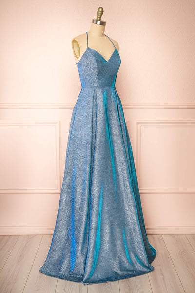 Darya Blue Sparkly Maxi Dress w/ Laced Back |  Boutique 1861 side view