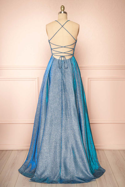 Darya Blue Sparkly Maxi Dress w/ Laced Back |  Boutique 1861 back view