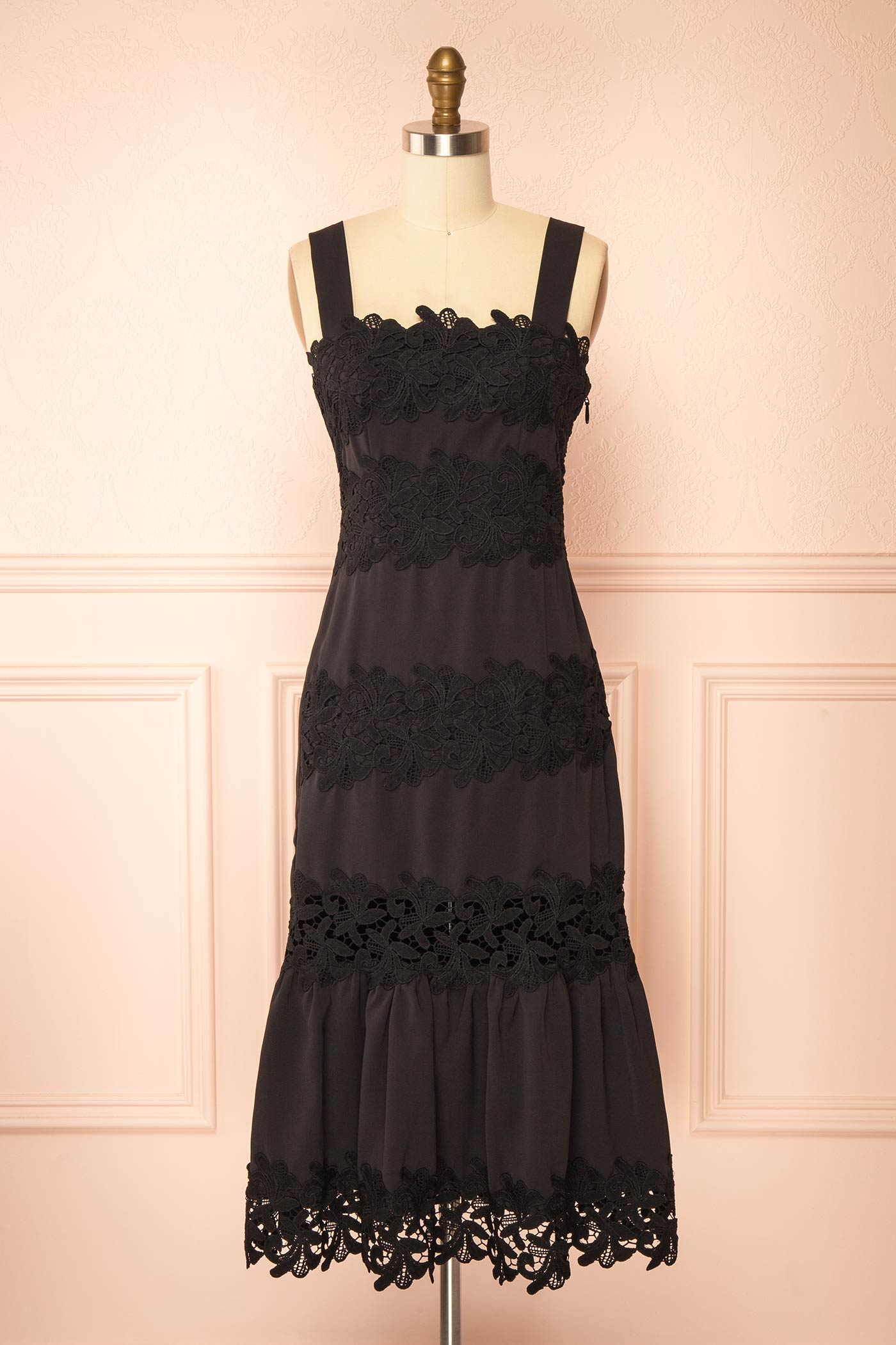 Davina Black Lace Midi Dress with Smocked Back | Boutique 1861 front 