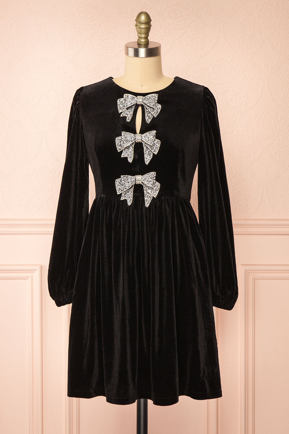 Dazzlina Black Velvet Dress w/ Bows | Boutique 1861 front view