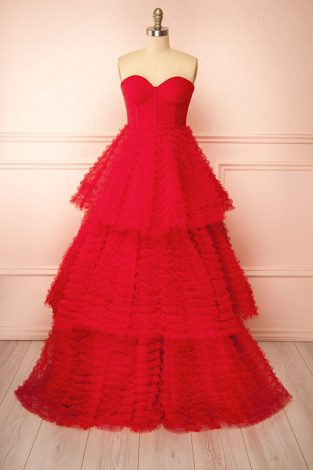 Deetzy Red Pleated Tulle Tiered Gown | Boutique 1861  front view