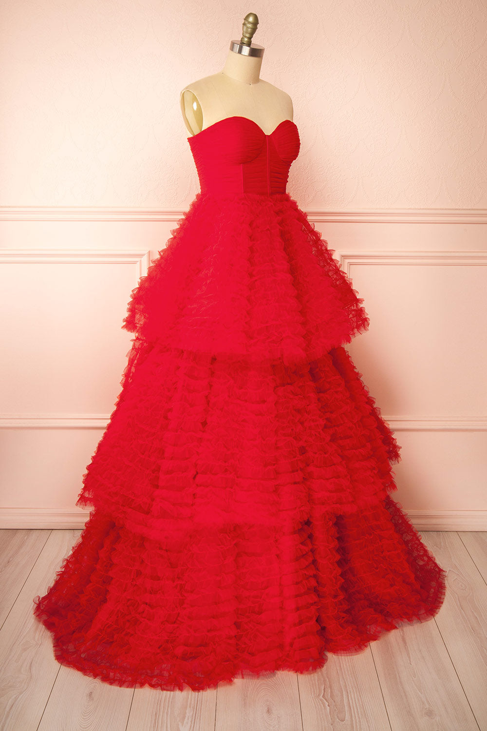 Deetzy Red Pleated Tulle Tiered Gown | Boutique 1861  side view