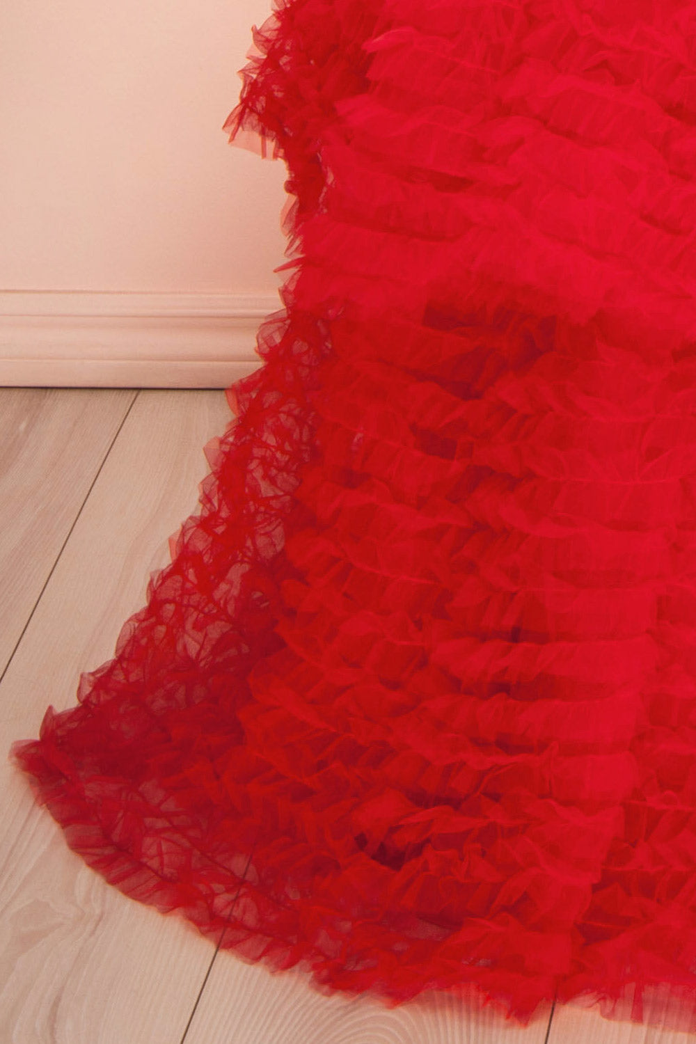 Deetzy Red Pleated Tulle Tiered Gown | Boutique 1861 bottom 