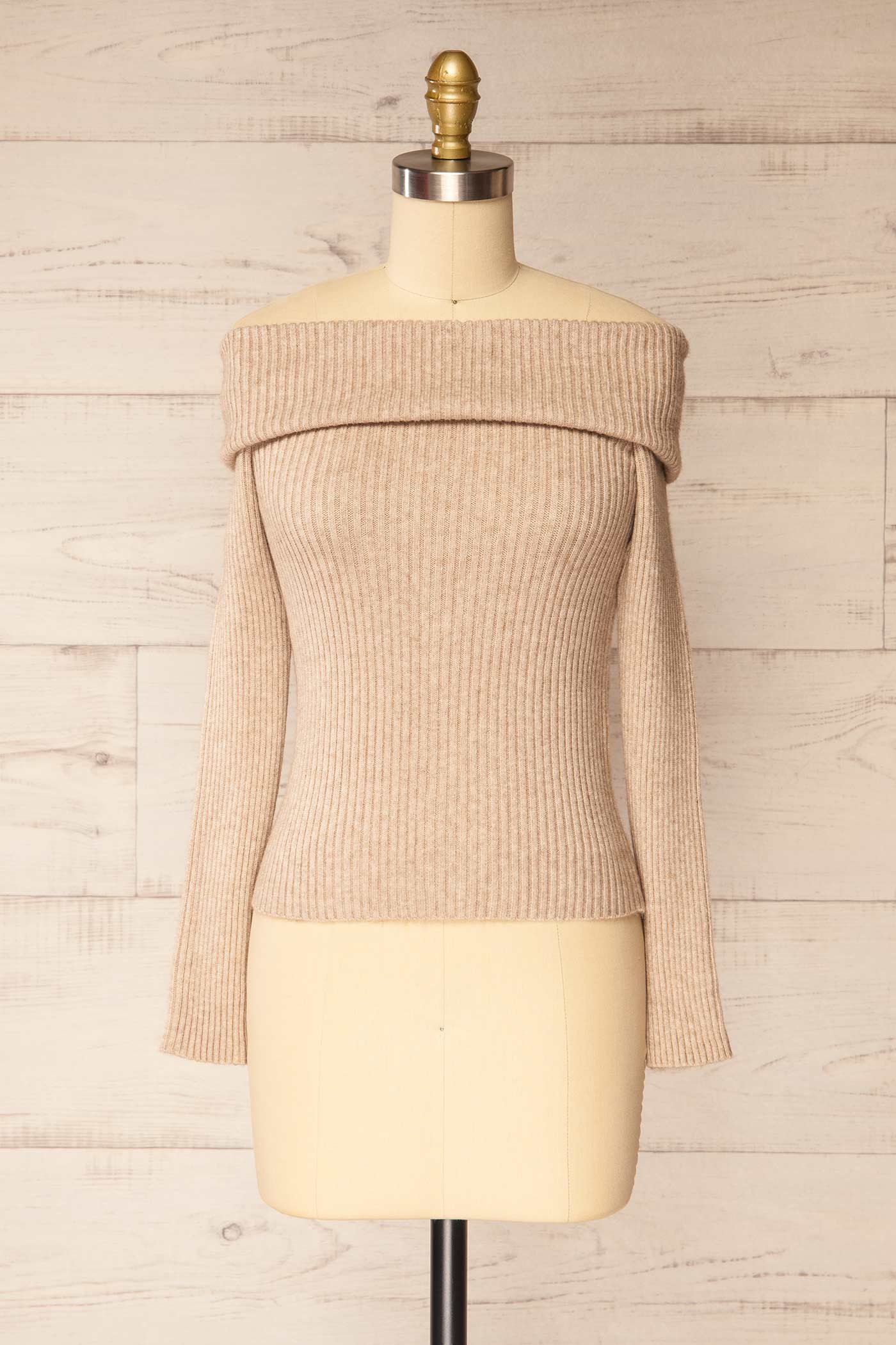 Delhi Beige Off-the-Shoulder Ribbed Knit Sweater | La petite garçonne front