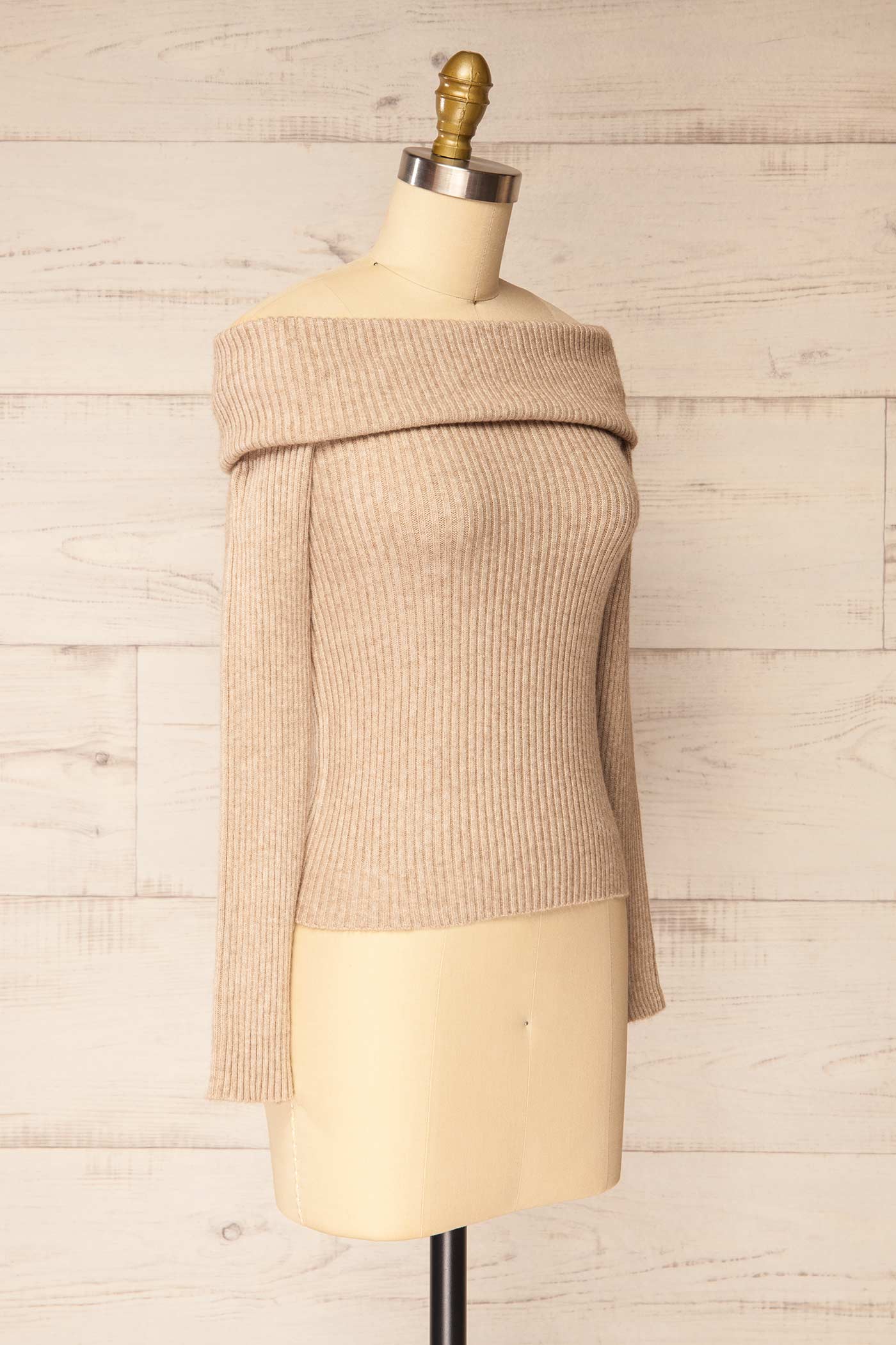 Delhi Beige Off-the-Shoulder Ribbed Knit Sweater | La petite garçonne side