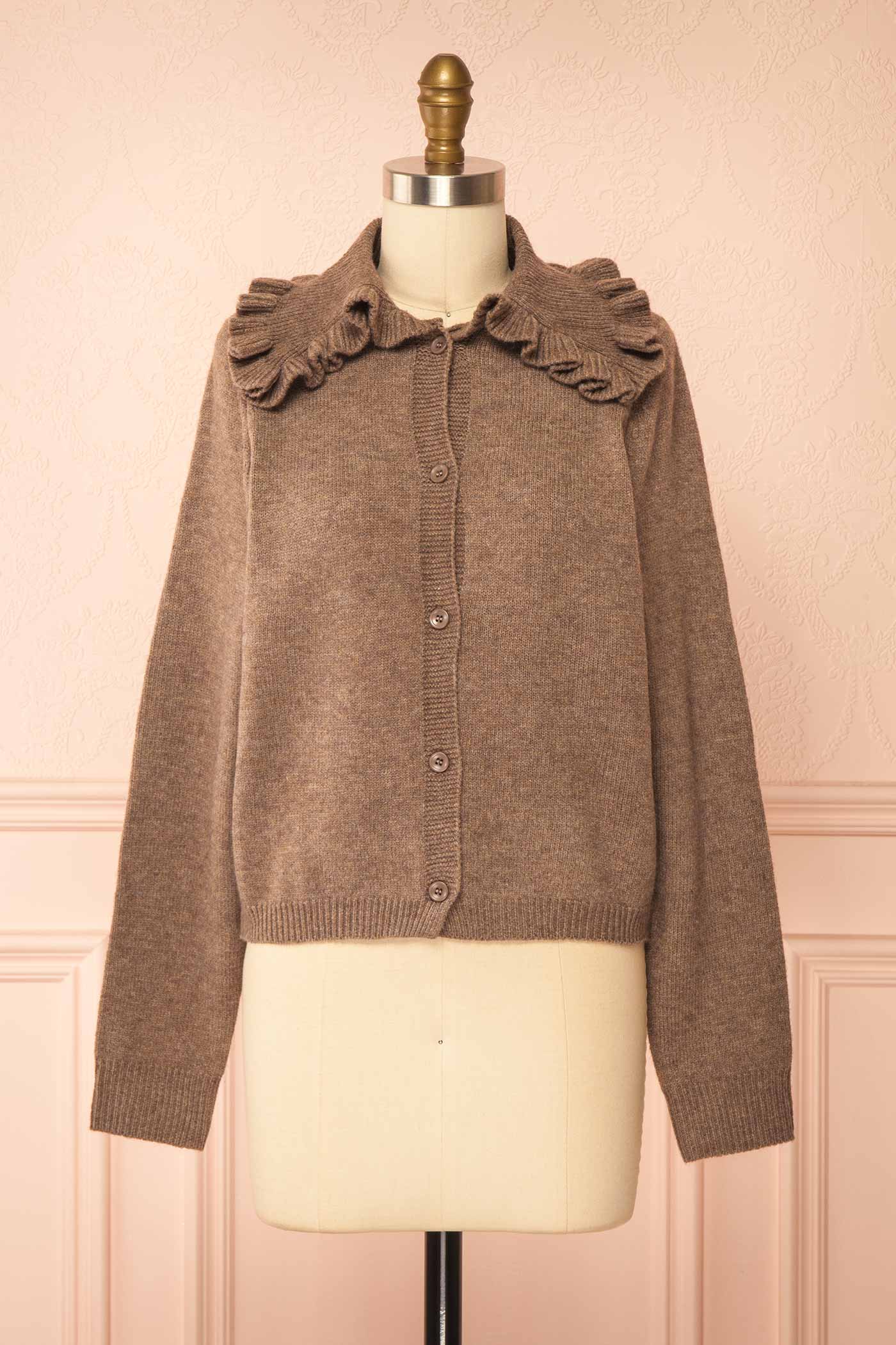 front view of Delmare Taupe Knit Cardigan with Ruffled Peter Pan Collar at Boutique 1861