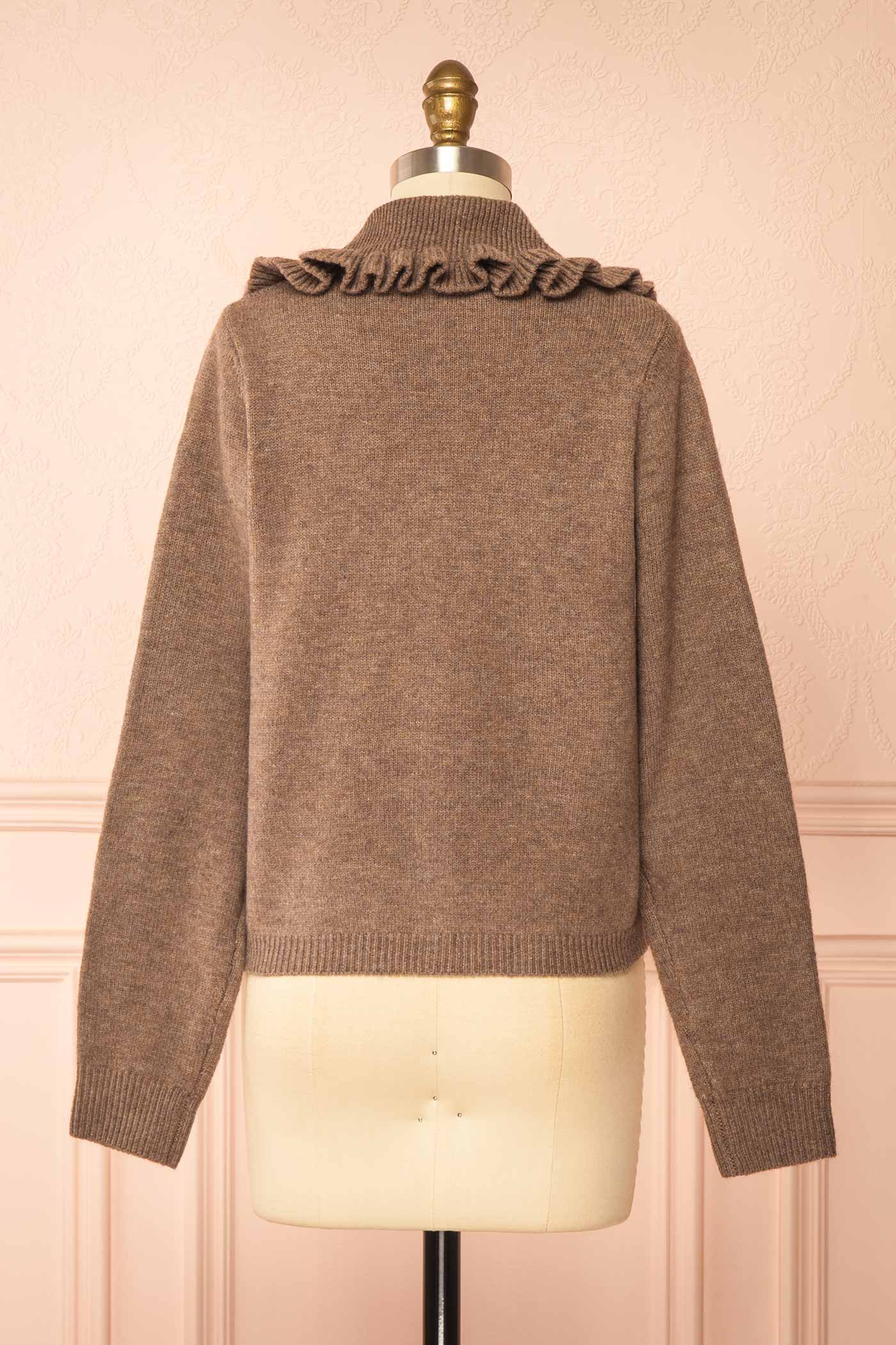 back view of Delmare Taupe Knit Cardigan with Ruffled Peter Pan Collar at Boutique 1861