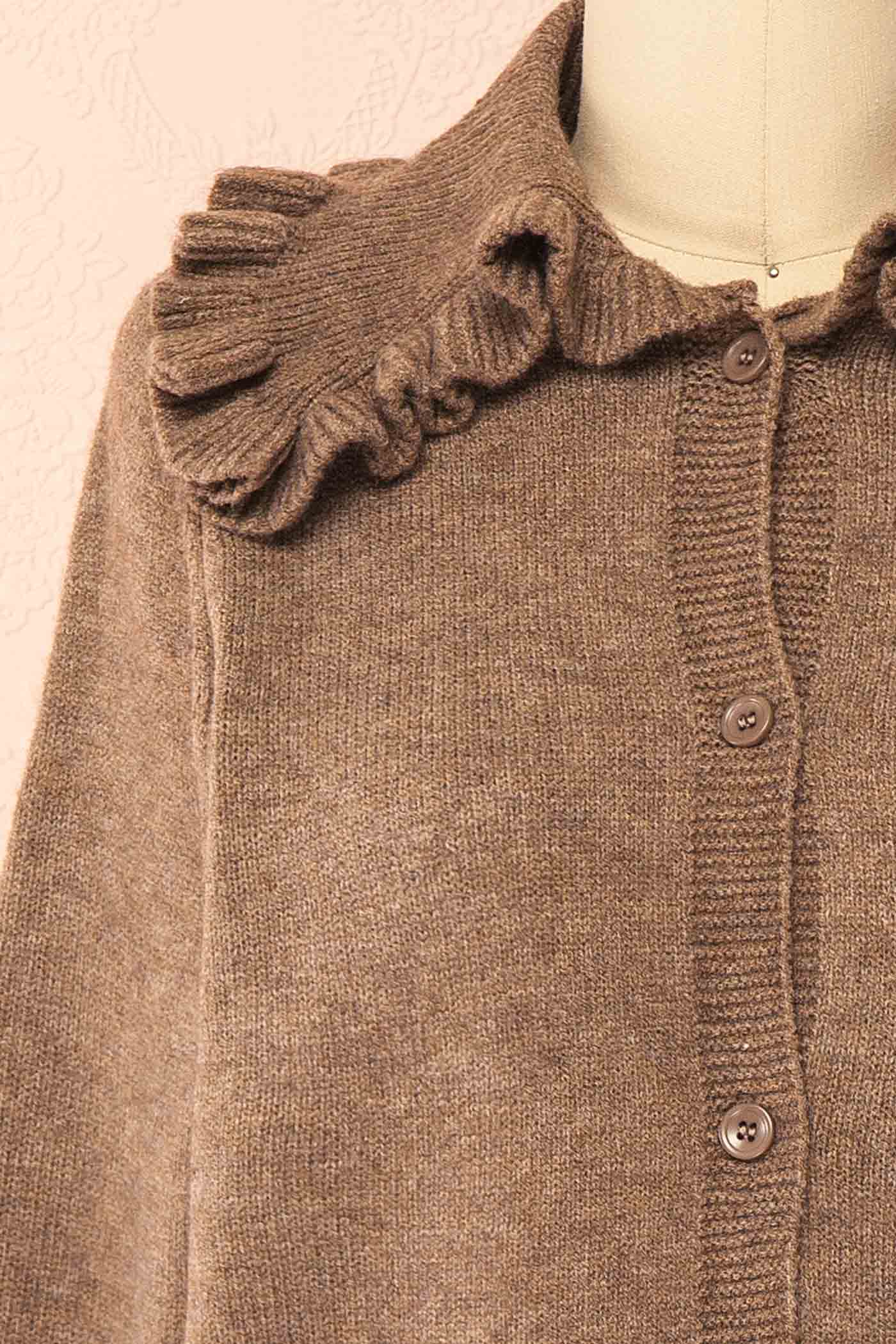 fabric view of Delmare Taupe Knit Cardigan with Ruffled Peter Pan Collar at Boutique 1861 