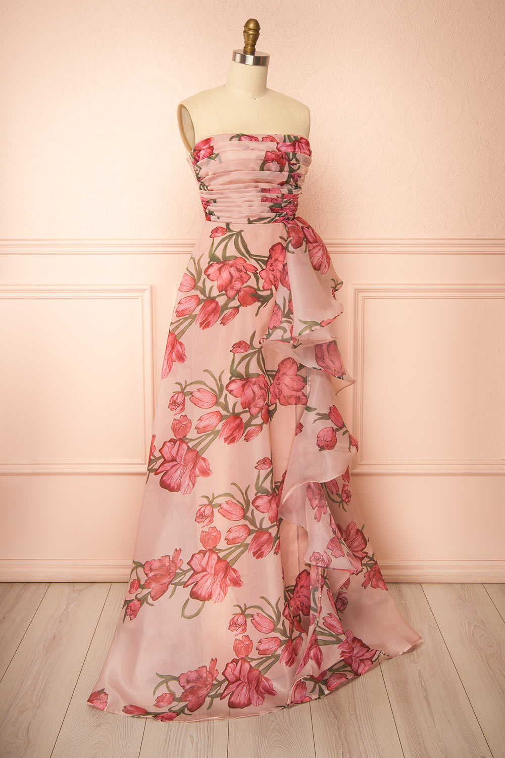 Delora Floral Organza Ruffled Maxi Dress with Front Slit and Lace