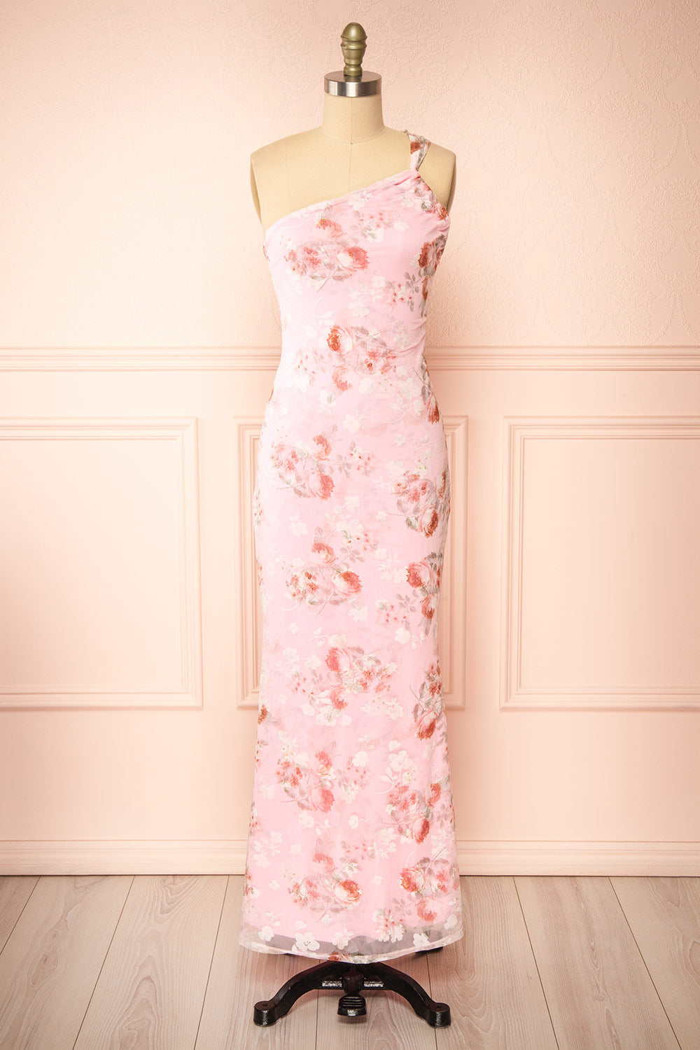 Delores Pink Midi One Shoulder Floral Dress | Boutique 1861 front view