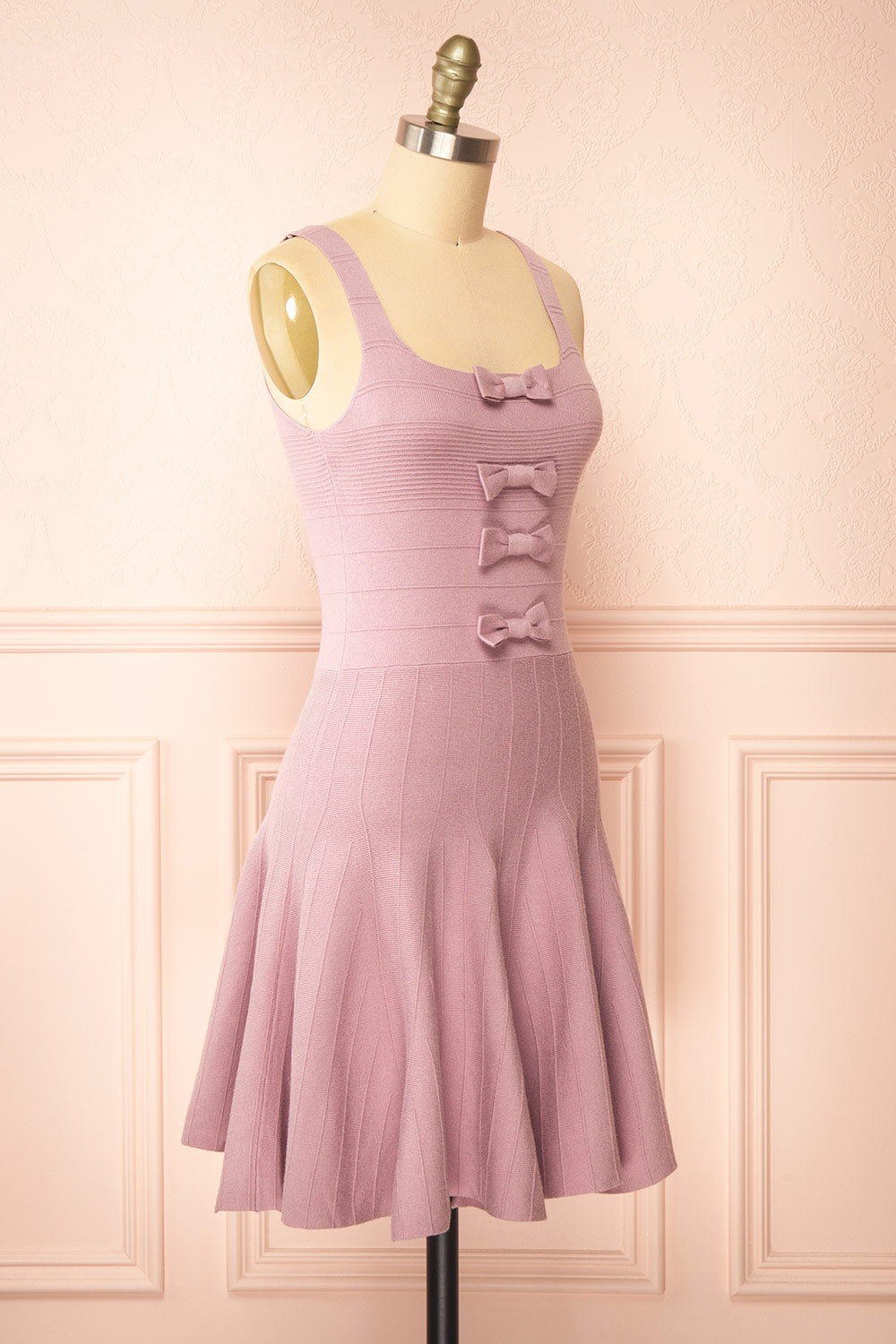 Delphen Short Mauve Ribbed Dress w/ Bows | Boutique 1861  side view