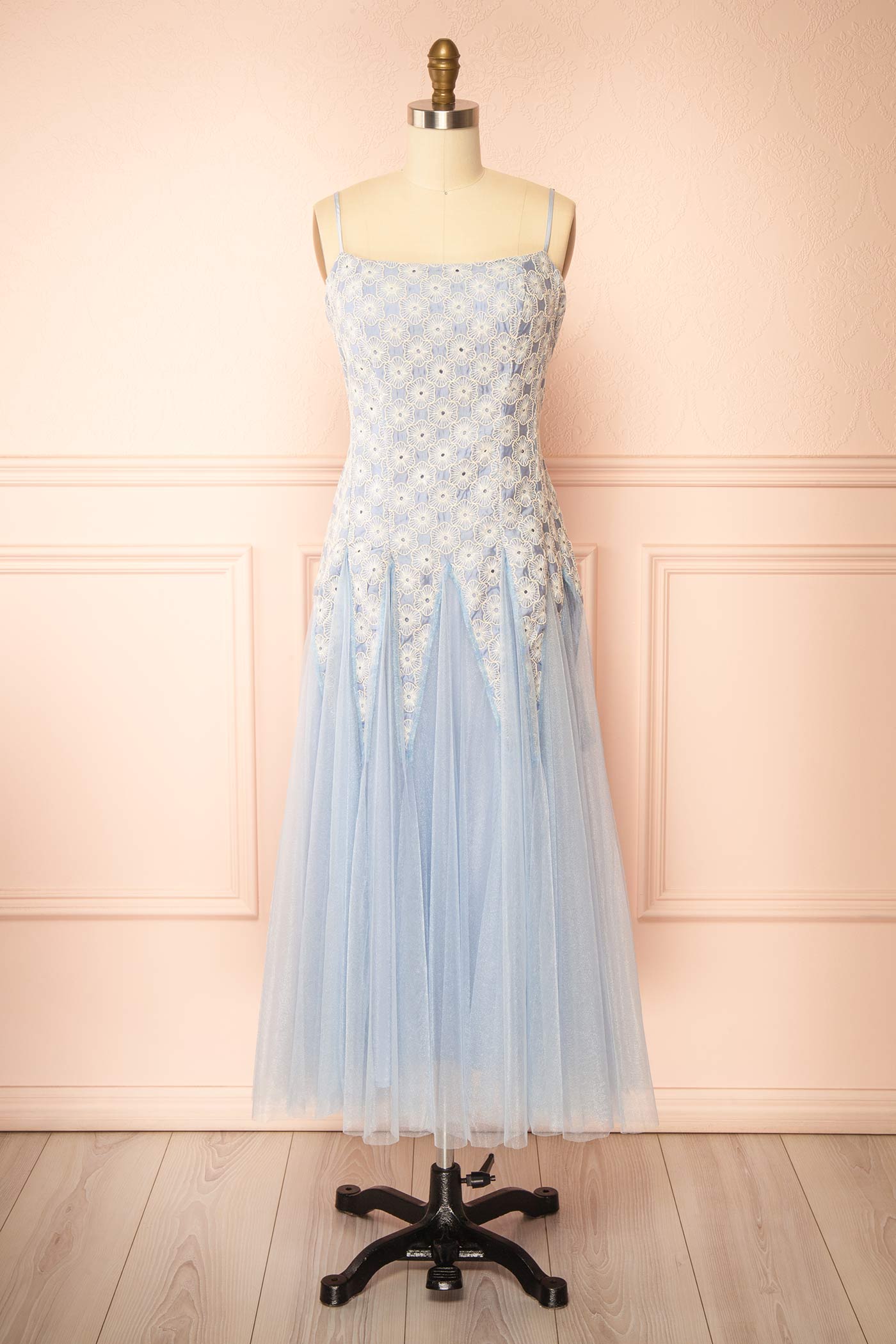 Delvina Blue Floral Embroidered Midi Dress | Boutique 1861 front