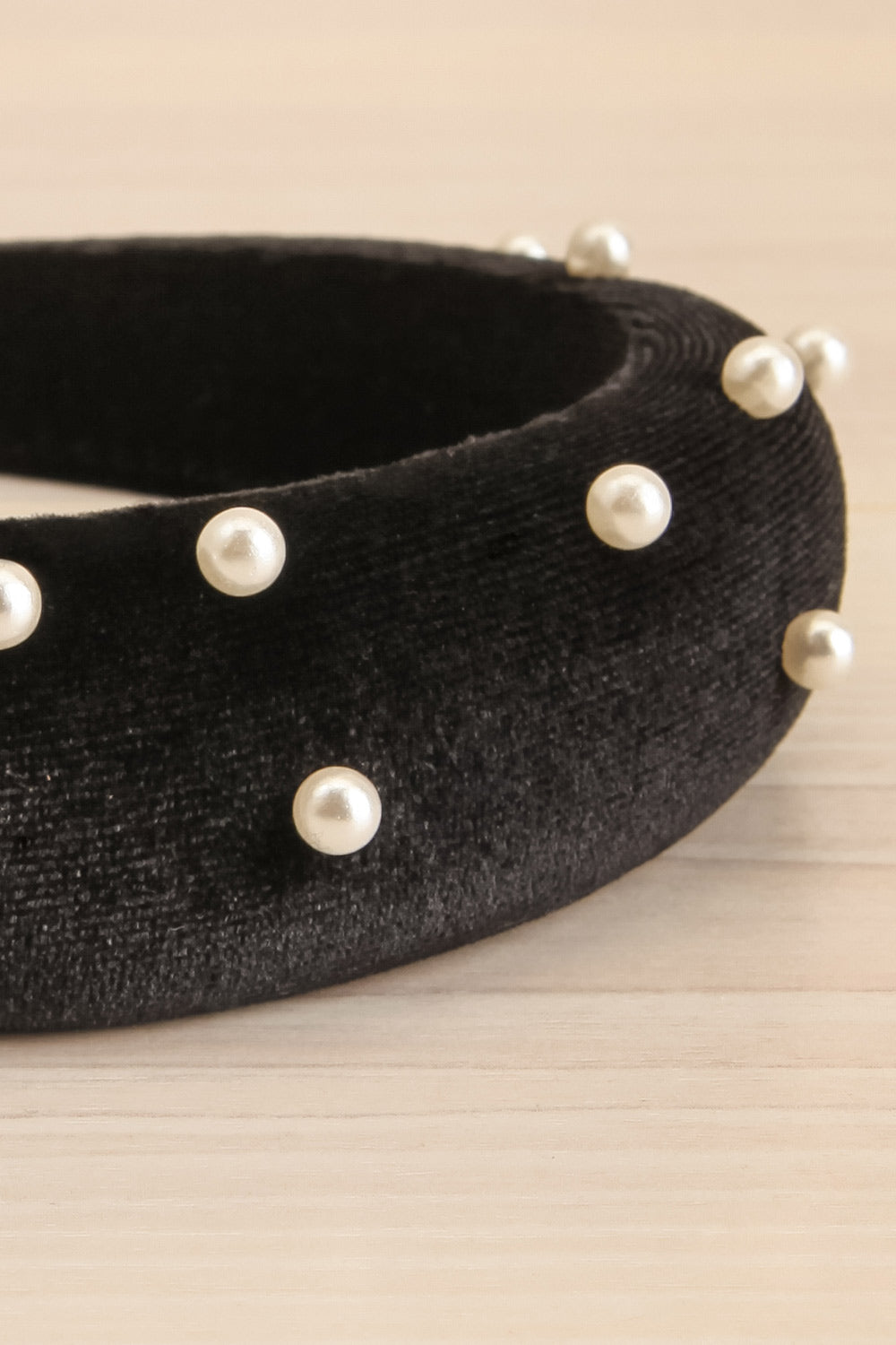 Demeter Black Velvet Headband w/ Pearls | La petite garçonne flat close-up