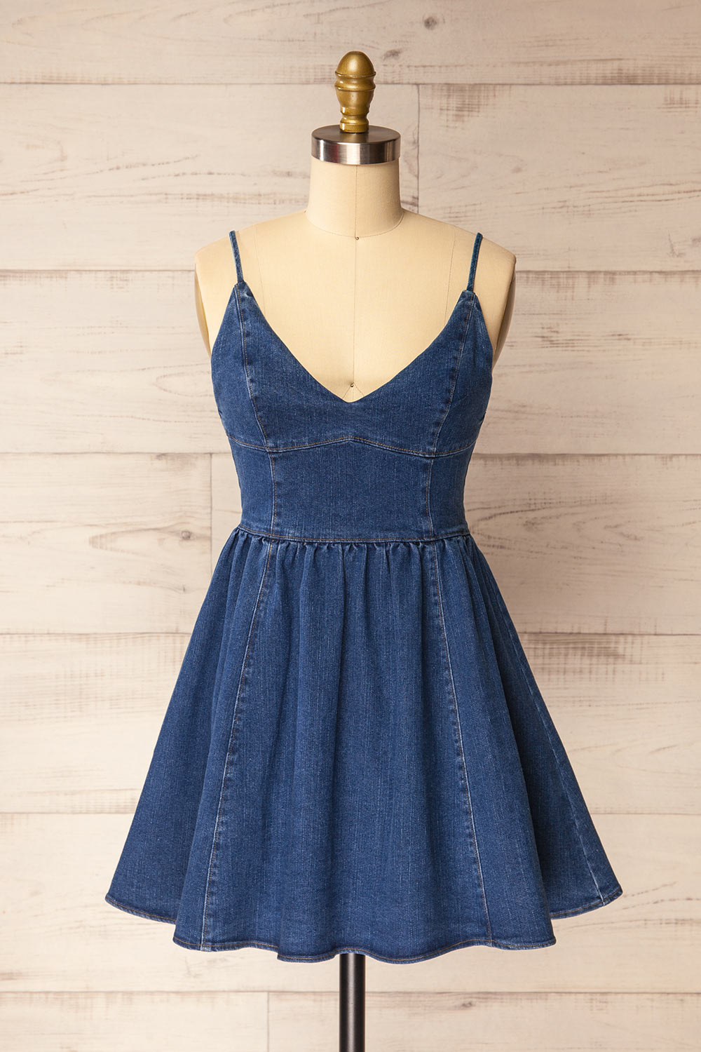 Deoria Dark Blue Short Denim Dress | La petite garçonne front view