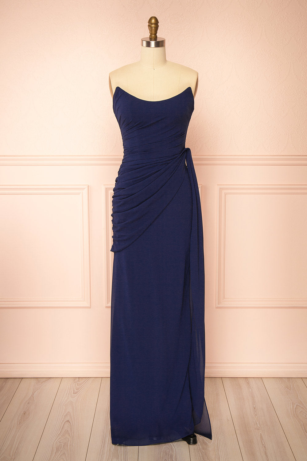 Destiny Navy Strapless Chiffon Maxi Dress with Side Sash | Boutique 1861 front view