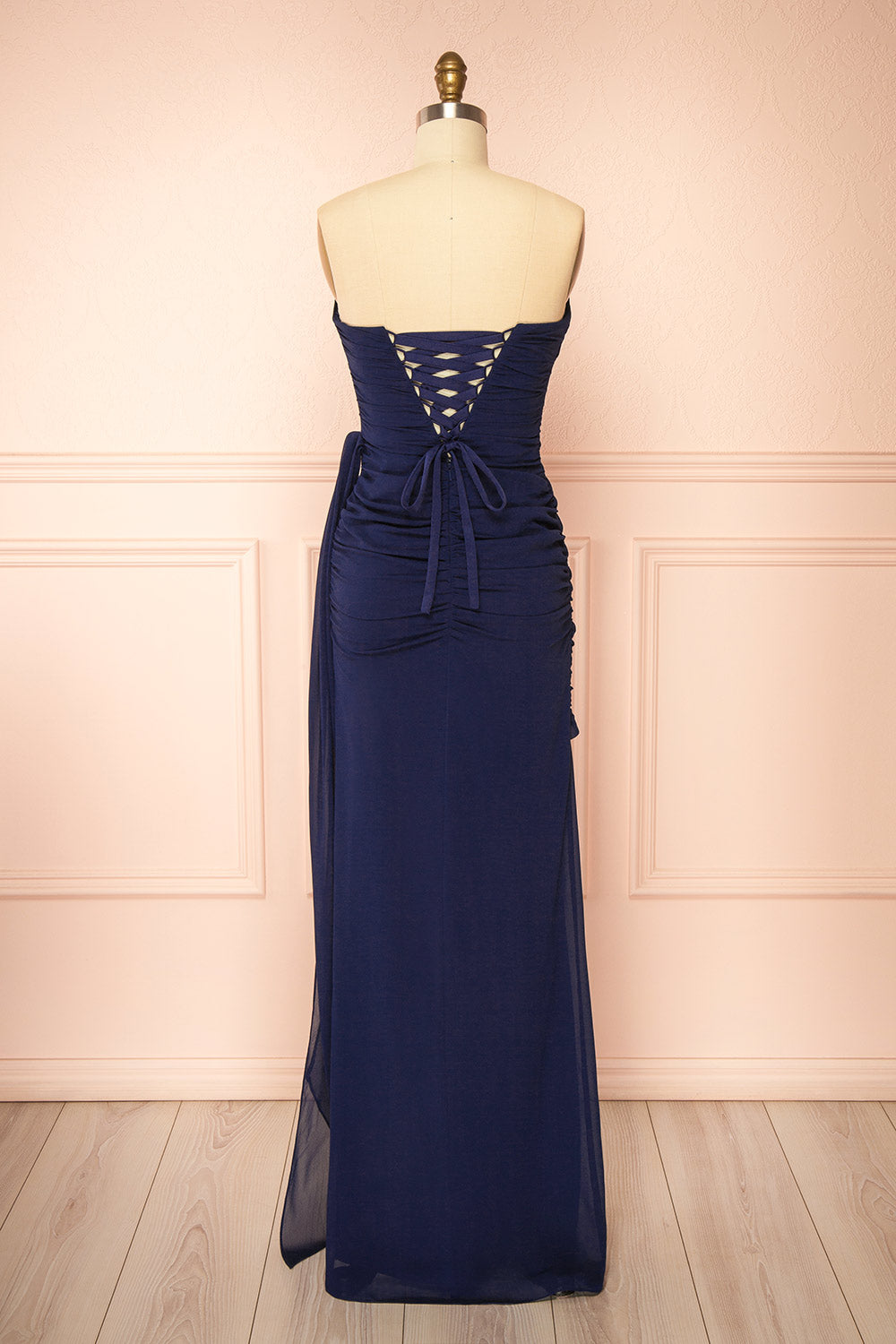 Destiny Navy Strapless Chiffon Maxi Dress with Side Sash | Boutique 1861 back view