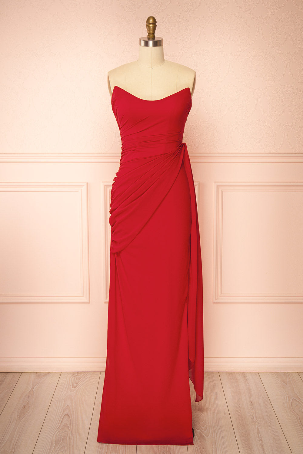 Destiny Red Strapless Chiffon Maxi Dress with Side Sash | Boutique 1861 front view