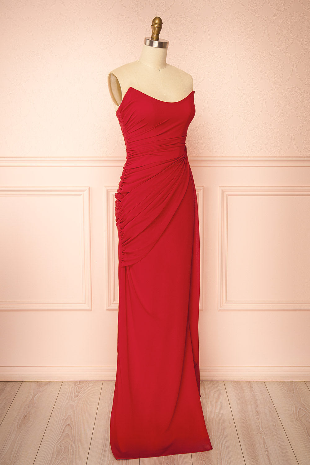 Destiny Red Strapless Chiffon Maxi Dress with Side Sash | Boutique 1861 side view