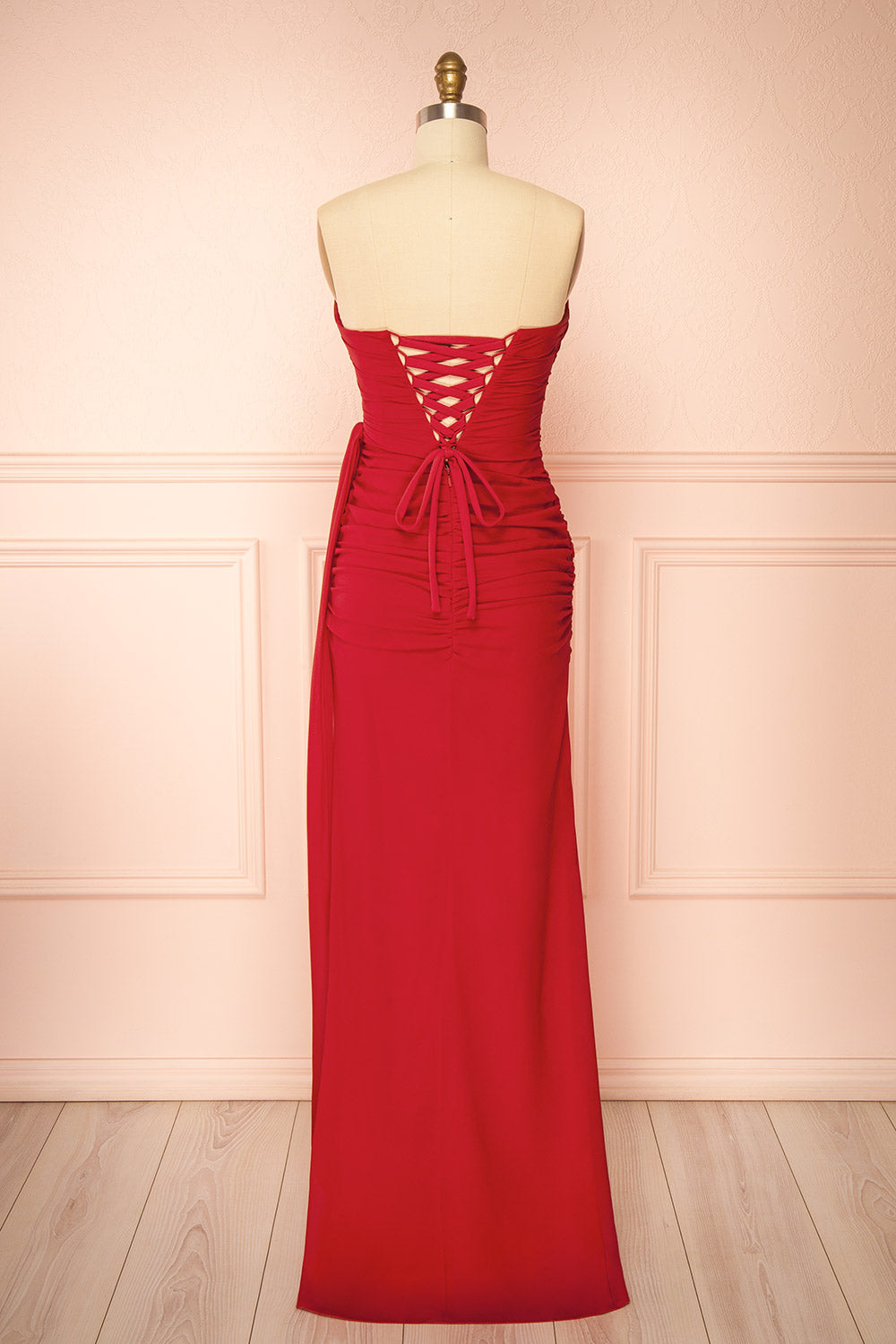 Destiny Red Strapless Chiffon Maxi Dress with Side Sash | Boutique 1861 back view