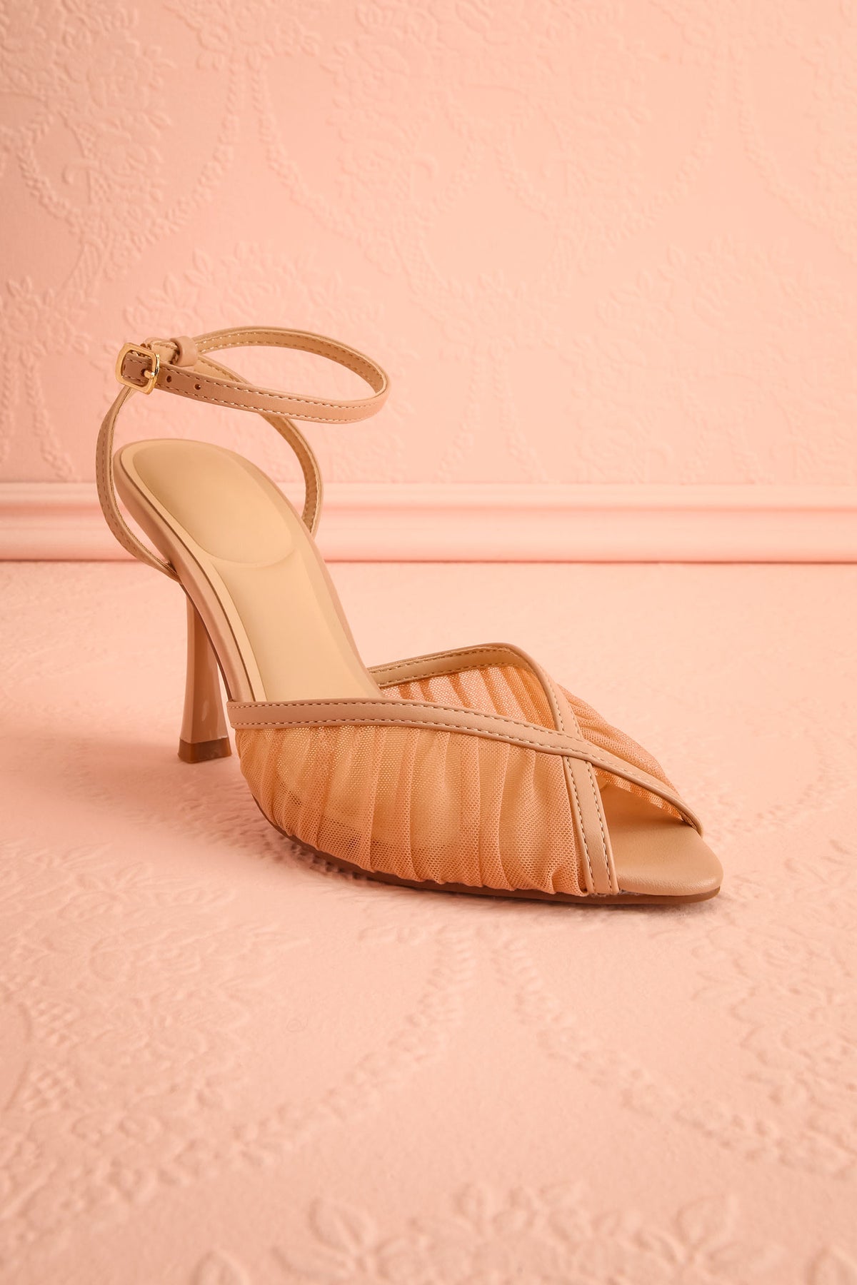 Front view Dhekelia Beige Ruched Mesh Ankle Strap Heels at boudoir 1861