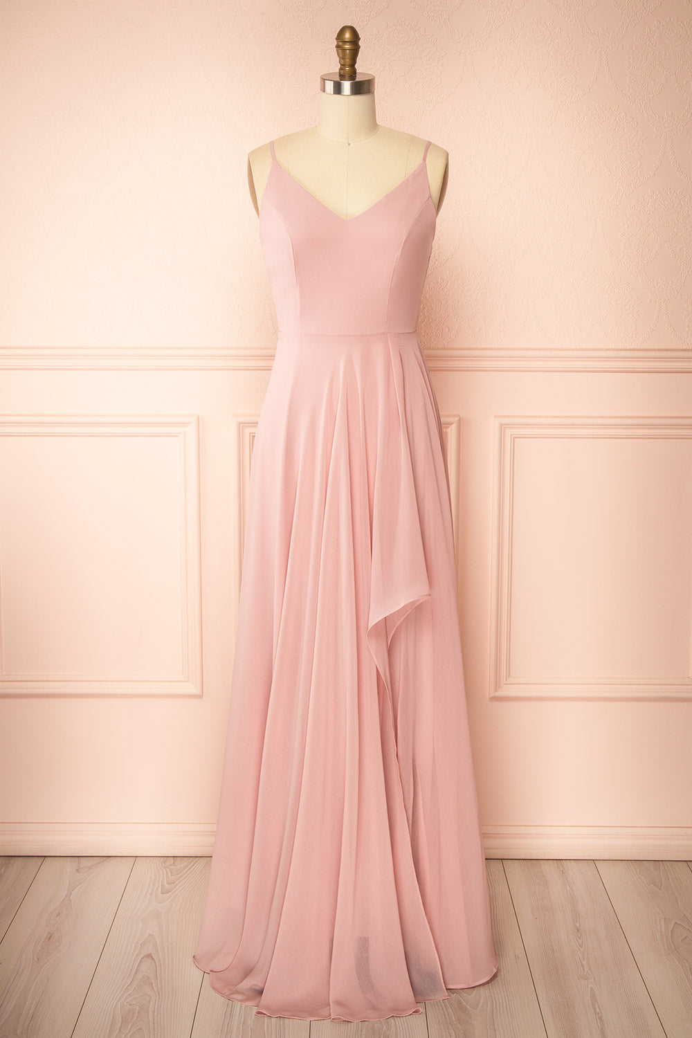 front view of mannequin wearing Diana Blush Exclusive 1861 A-Line Chiffon Dress with Slit from Boutique 1861