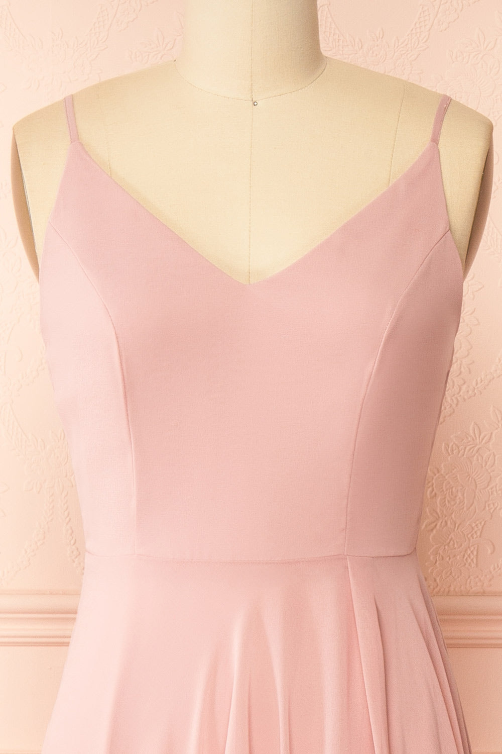 front of mannequin wearing Diana Blush Exclusive 1861 A-Line Chiffon Dress with Slit from Boutique 1861