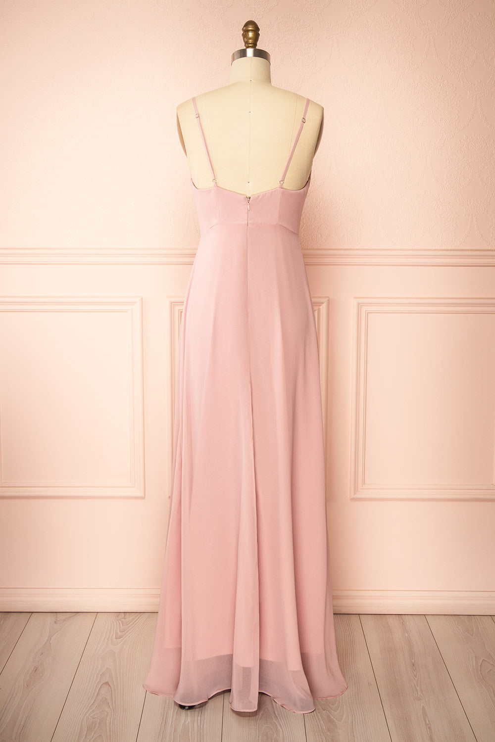 back viewof mannequin wearing Diana Blush Exclusive 1861 A-Line Chiffon Dress with Slit from Boutique 1861