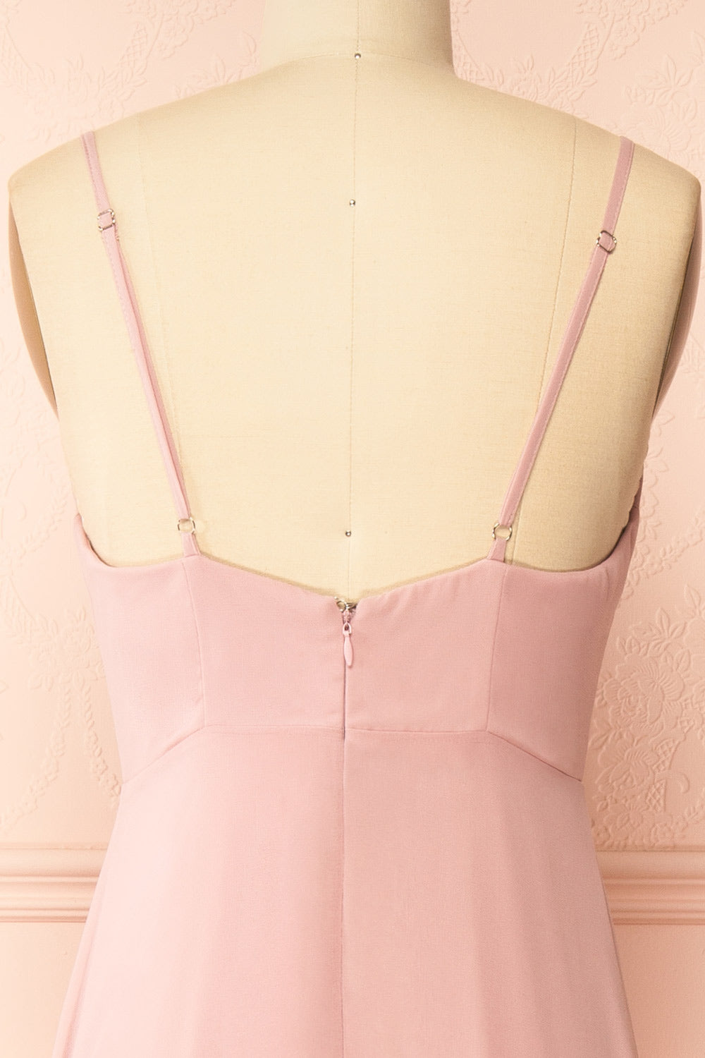  backof mannequin wearing Diana Blush Exclusive 1861 A-Line Chiffon Dress with Slit from Boutique 1861