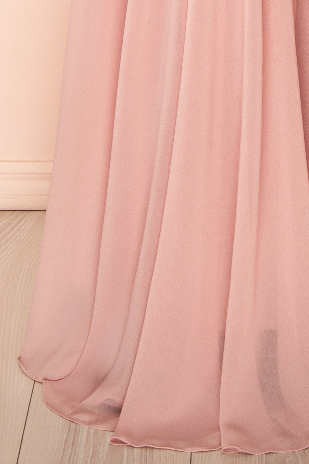  bottom of mannequin wearing Diana Blush Exclusive 1861 A-Line Chiffon Dress with Slit from Boutique 1861