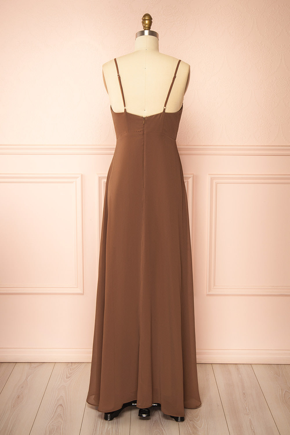 back view of mannequin wearing Diana Brown Exclusive 1861 A-Line Chiffon Dress with Slit from Boutique 1861