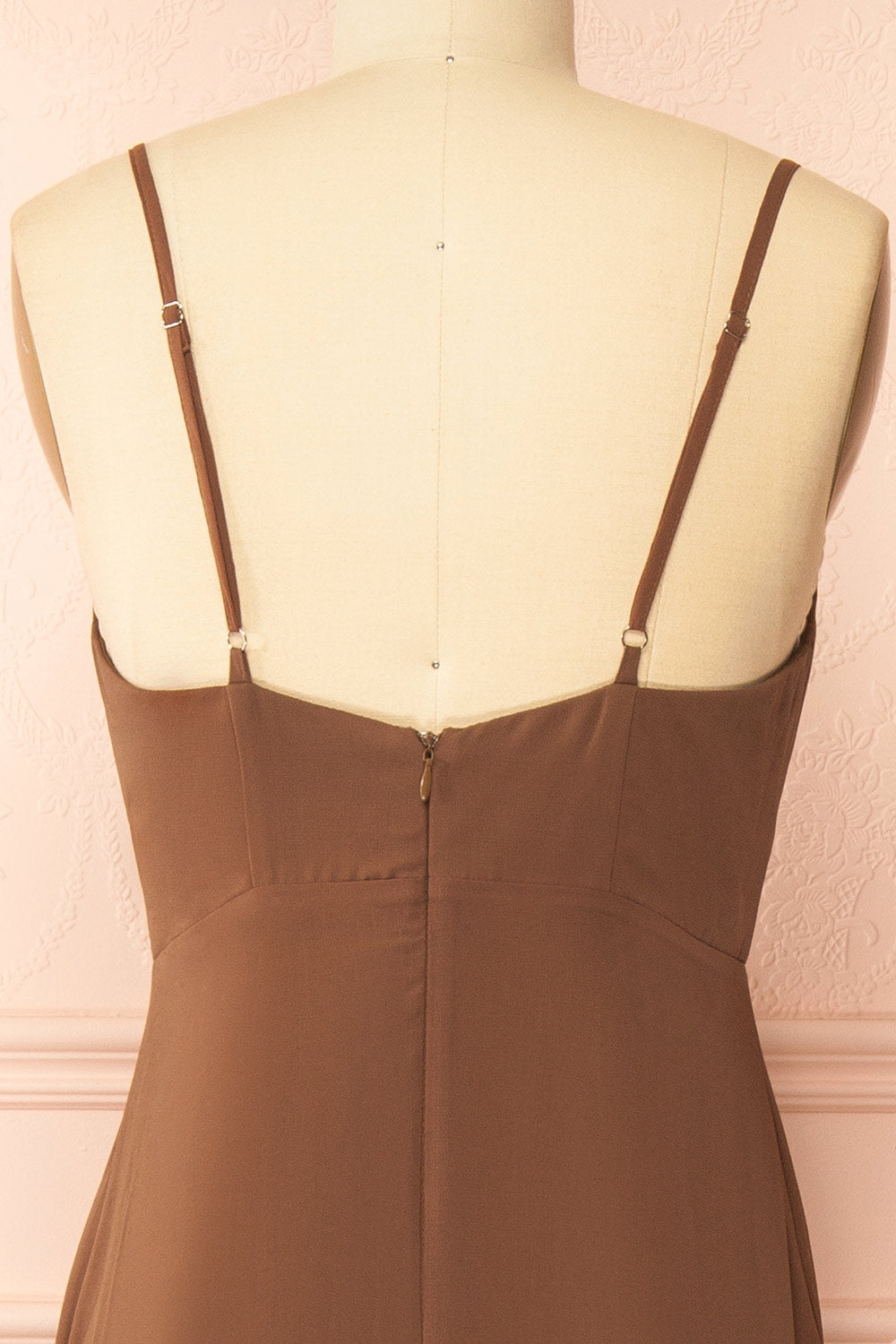 back oof mannequin wearing Diana Brown Exclusive 1861 A-Line Chiffon Dress with Slit from Boutique 1861