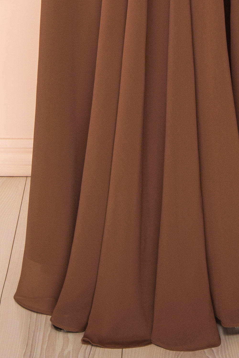 bottom of mannequin wearing Diana Brown Exclusive 1861 A-Line Chiffon Dress with Slit from Boutique 1861