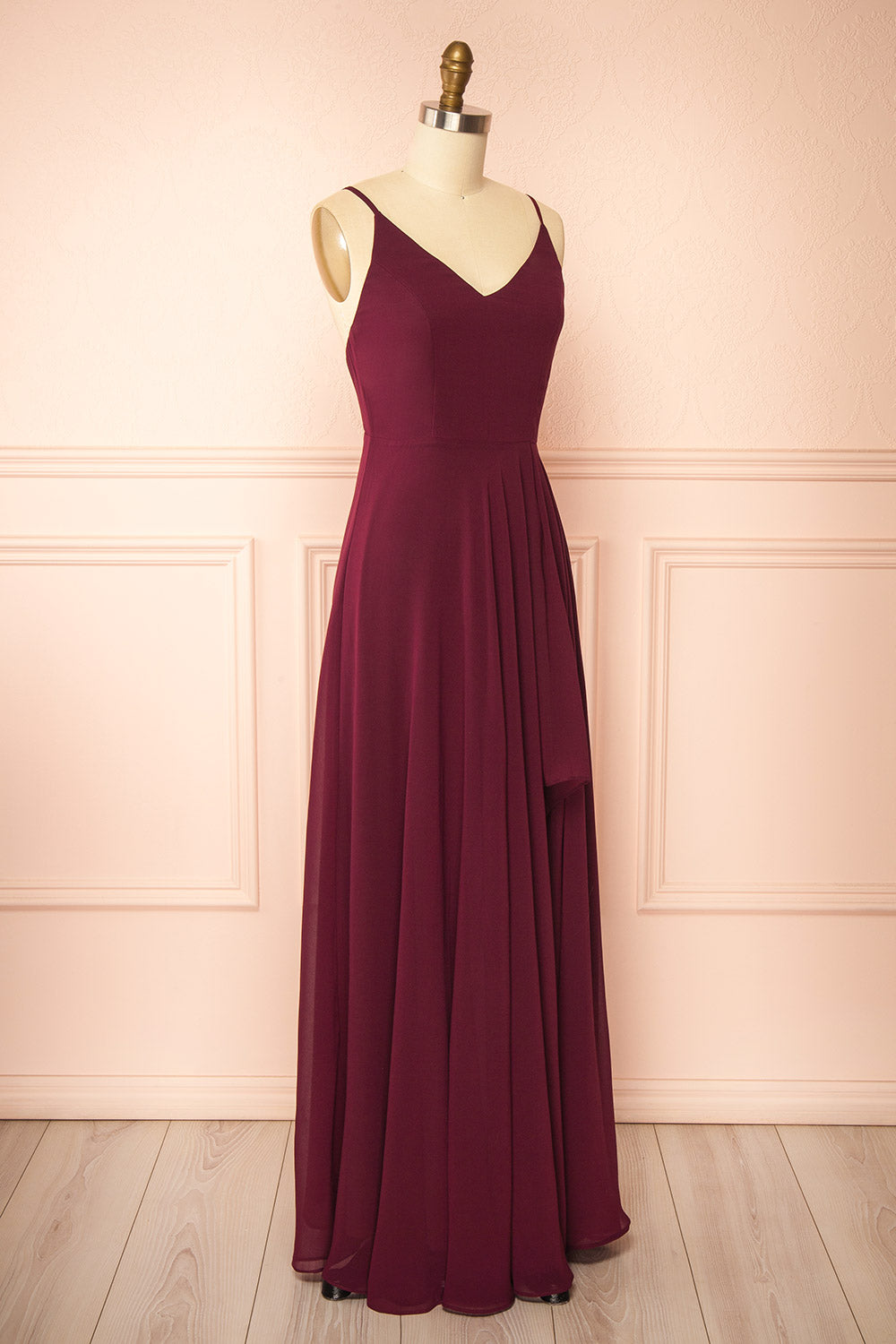 side view of mannequin wearing Diana Burgundy Exclusive 1861 A-Line Chiffon Dress with Slit from Boutique 1861