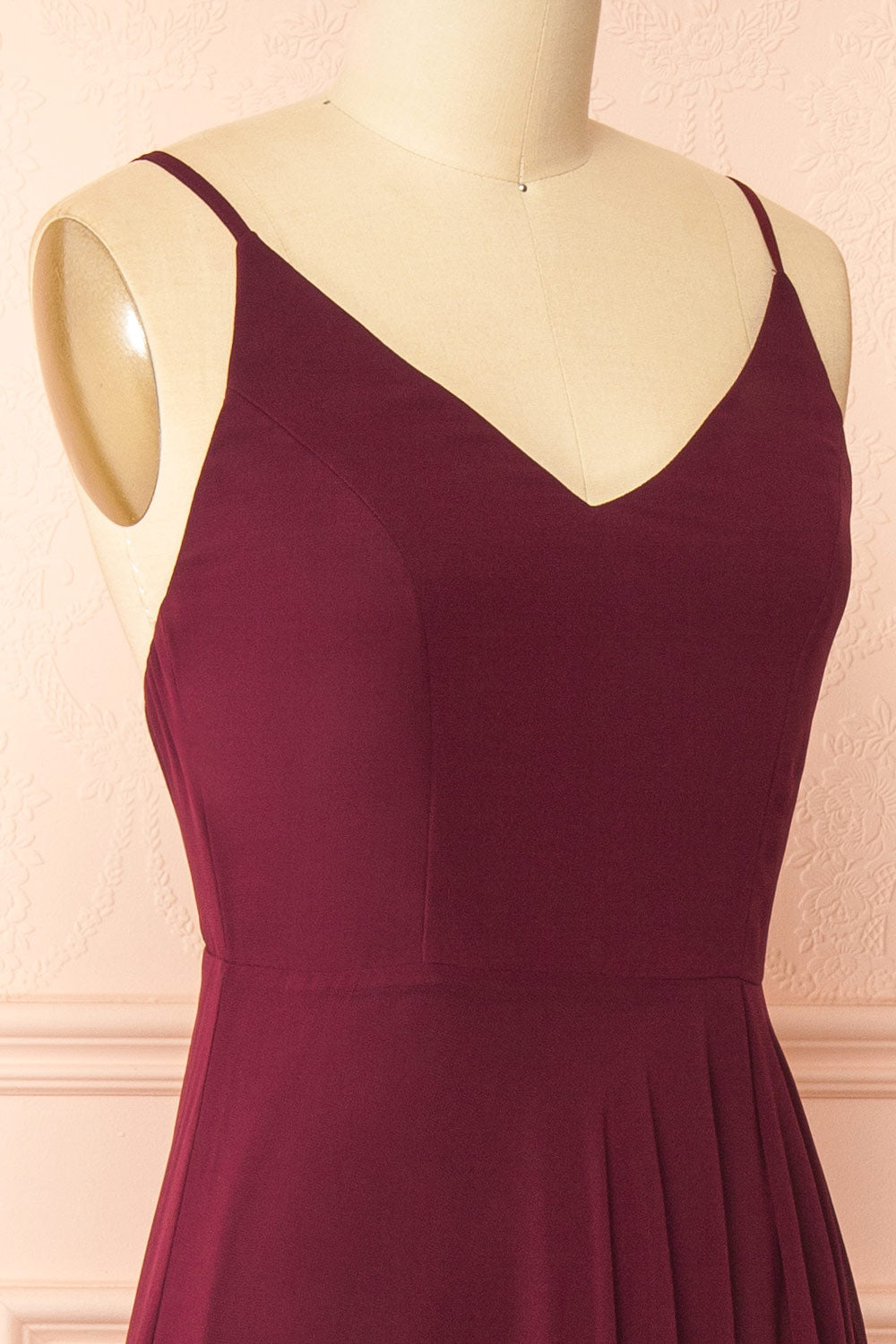 side of mannequin wearing Diana Burgundy Exclusive 1861 A-Line Chiffon Dress with Slit from Boutique 1861