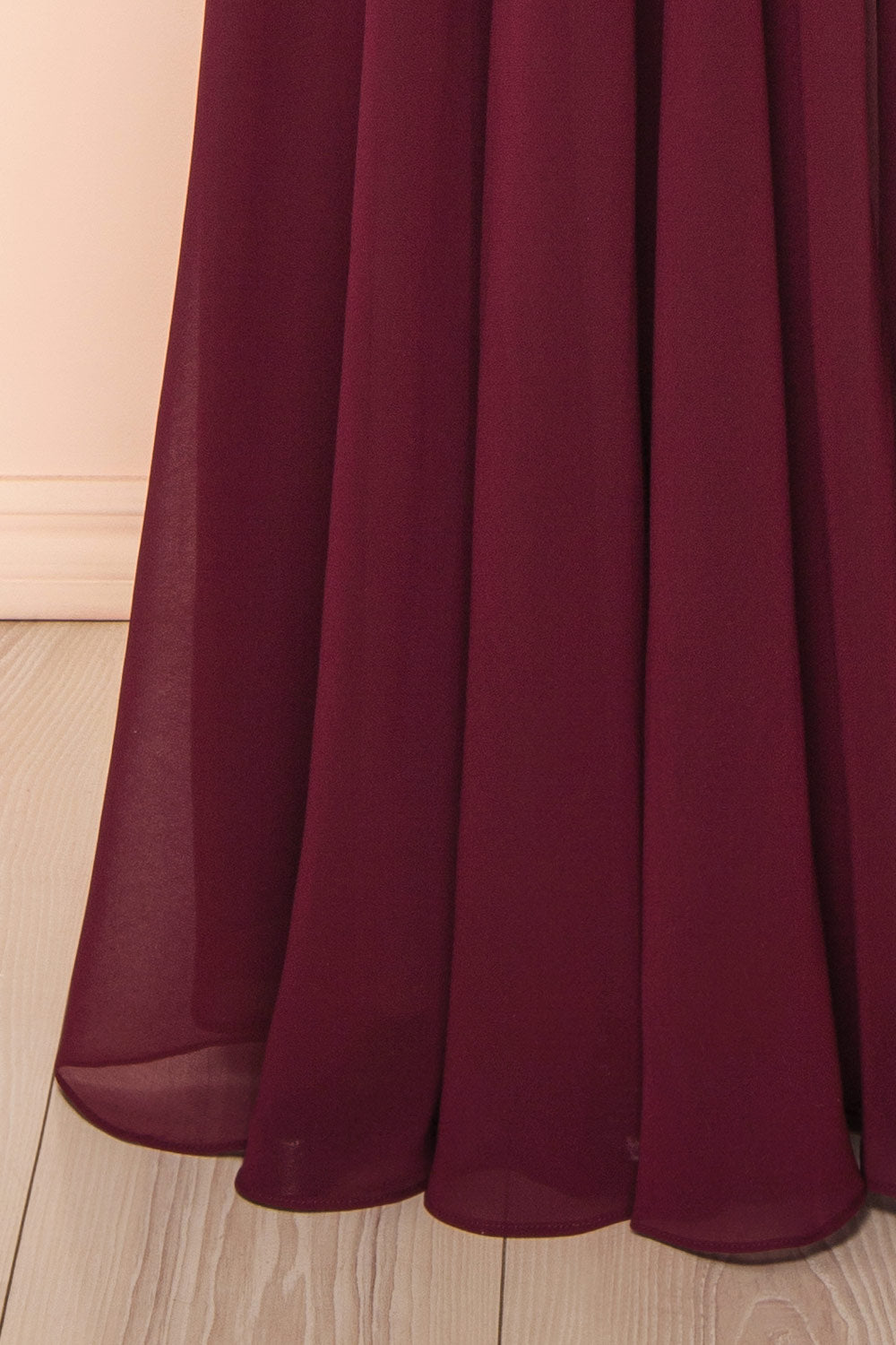 bottom of mannequin wearing Diana Burgundy Exclusive 1861 A-Line Chiffon Dress with Slit from Boutique 1861